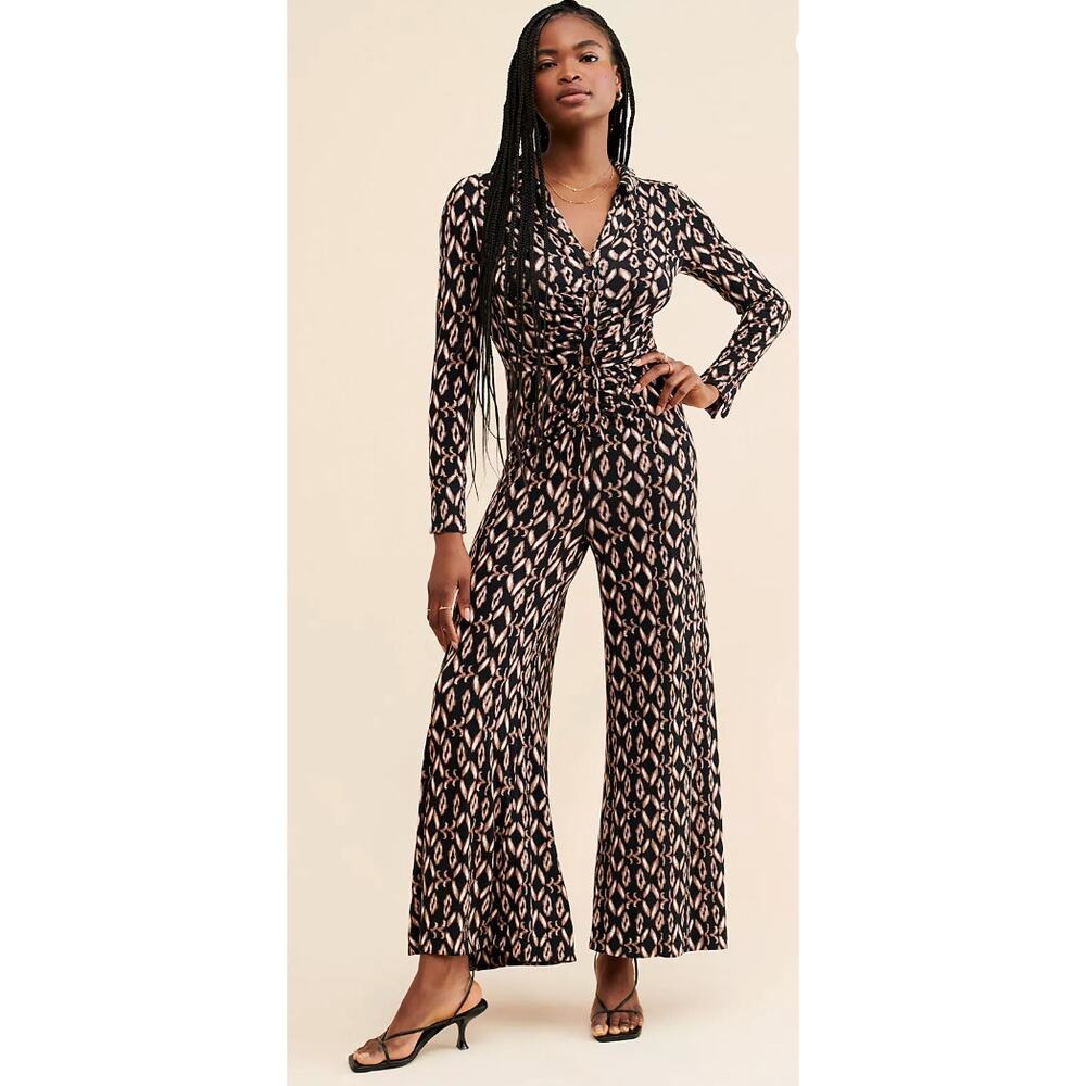Free people brown Black Pattern Ruched  Wide Leg Jumpsuit